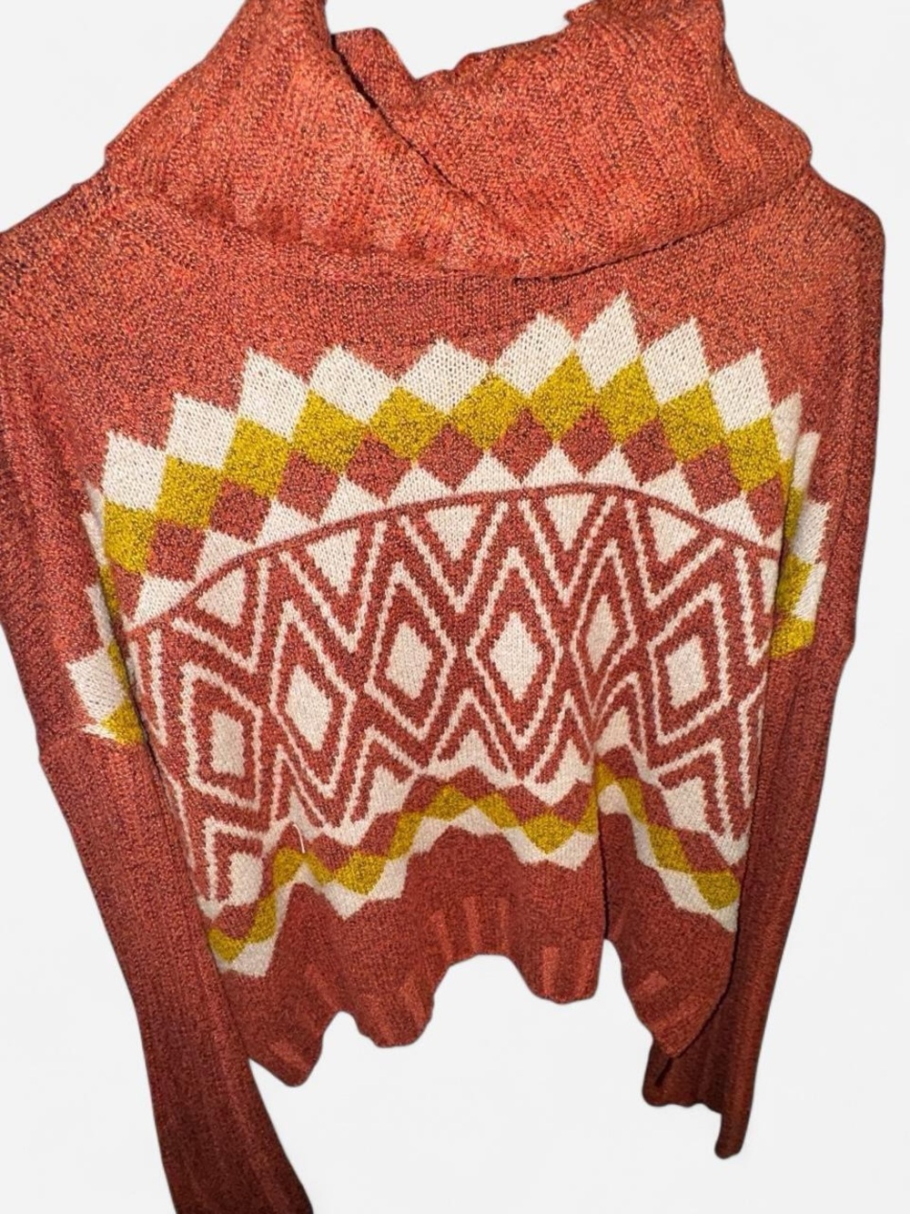 Burnt Orange Fair Isle Geometric Cowl Neck Knit - Picture 3 of 6